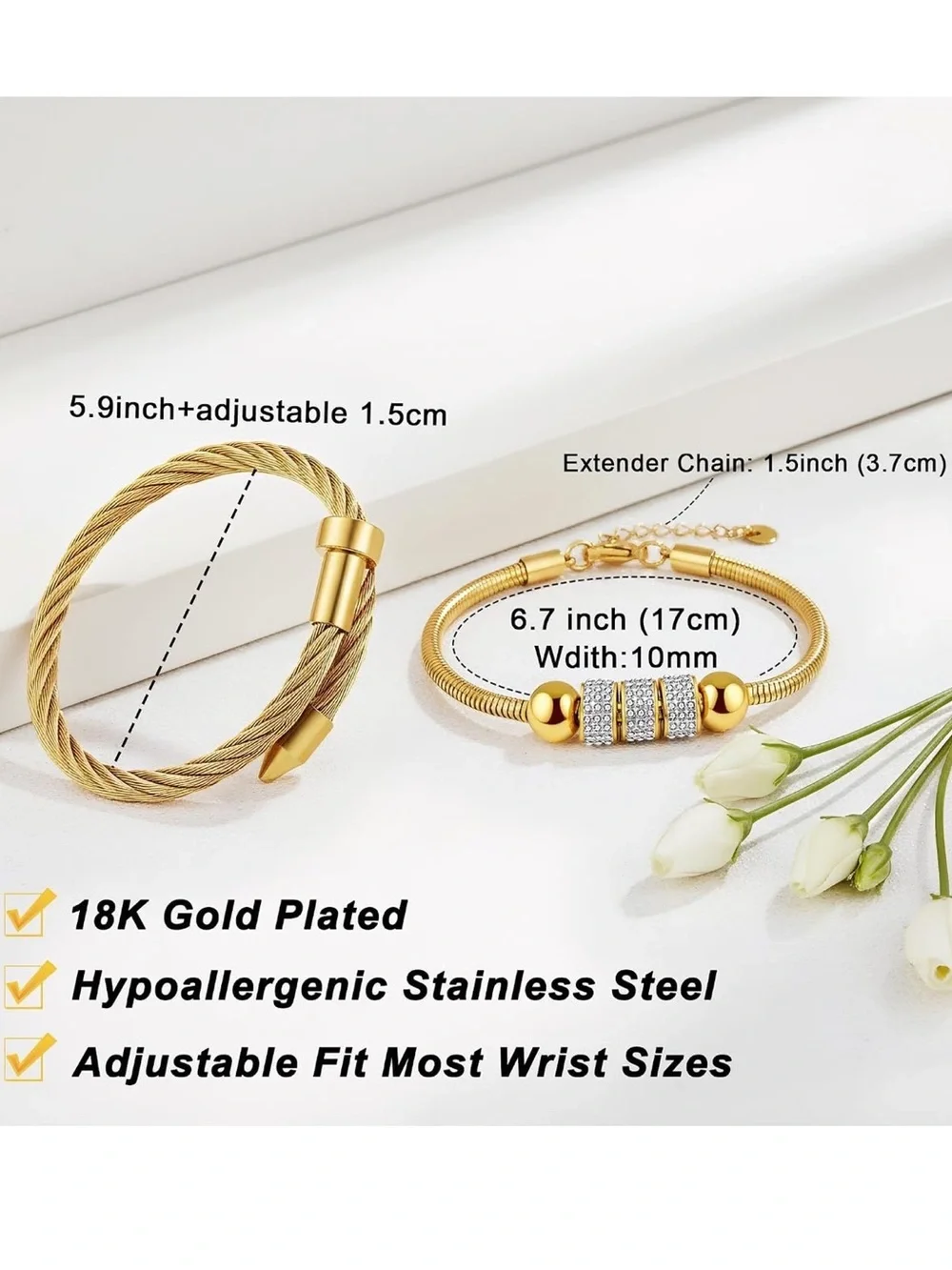 Anthropologie Gold-Tone Crystal & Twisted Cable Bracelet Duo